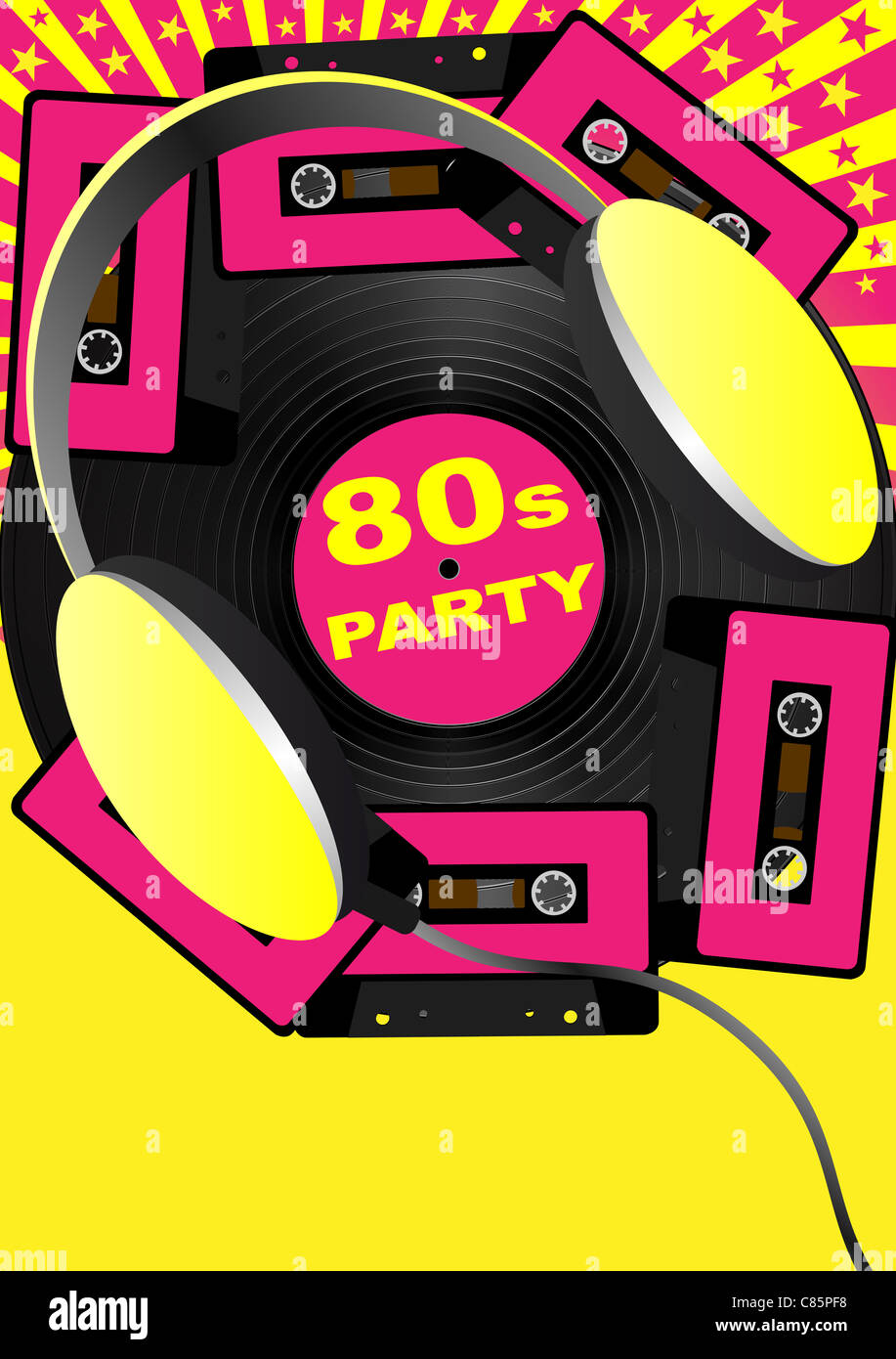 Retro-Party Hintergrund - Audio-Kassetten und Kopfhörer Stockfoto