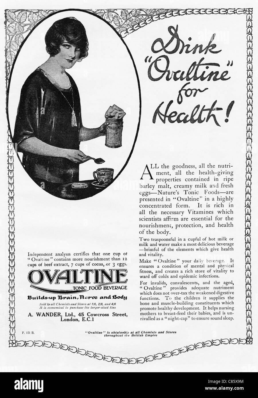 Original Magazin Werbung, die 1920er Jahre gesundes Getränk Ovomaltine Werbung Stockfoto