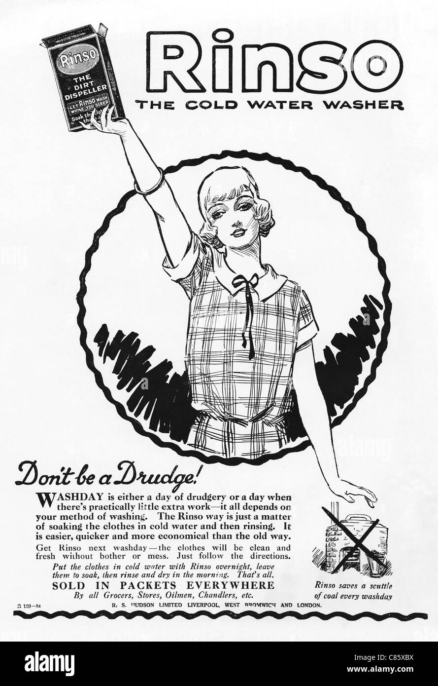 Original 1920er Jahre Magazin Werbung Werbung RINSO Kaltwasser Waschpulver Stockfoto