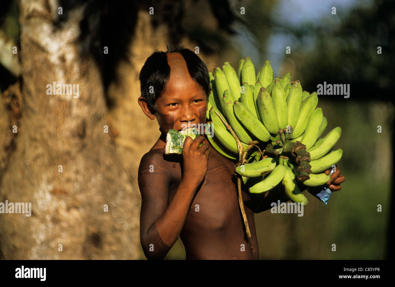 Bacaja Dorf, Brasilien. Indischer Junge hält ein Bündel Bananen und Wassermelonen zu essen; Xicrin Indianerstamm, Amazon. Stockfoto