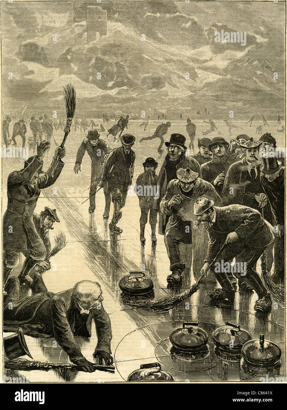 Antik, Gravur, "Curling-Spiel" in Schottland, von W. klein, 1869. Stockfoto
