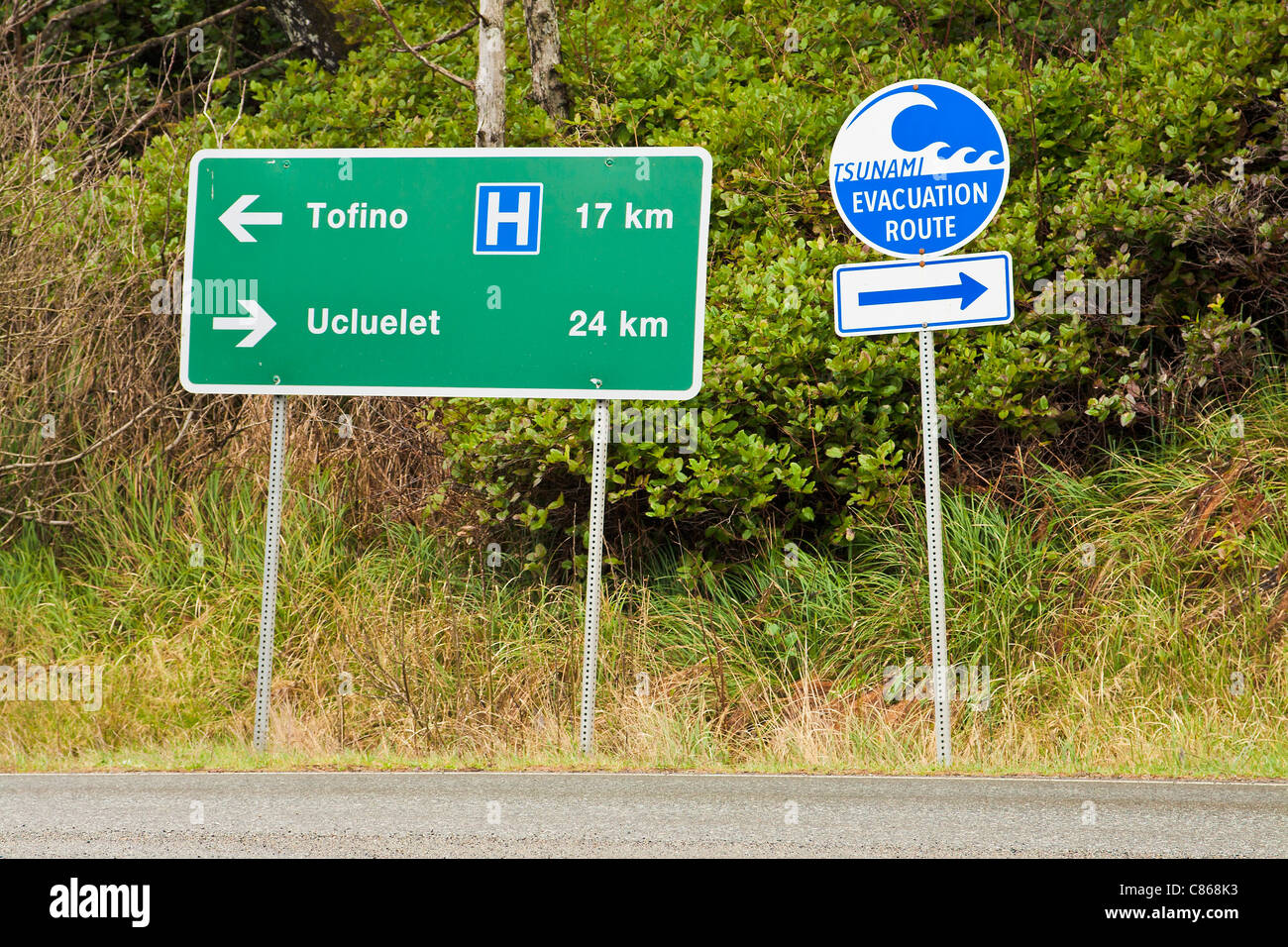 Tsunami Evakuierung Route Zeichen, Tofino, Britisch-Kolumbien Stockfoto