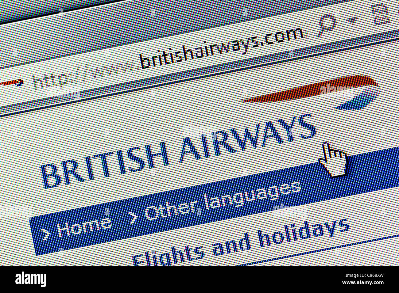 British Airways Logo und Website hautnah Stockfoto