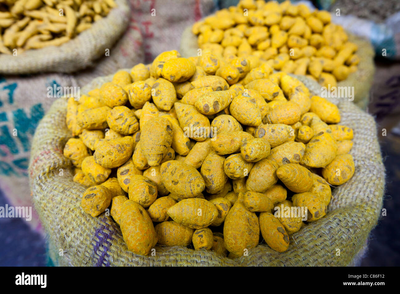 Gelbe Kurkuma zum Verkauf an Khari Baoli Gewürze und getrocknete Lebensmittel-Markt, Alt-Delhi, Indien Stockfoto