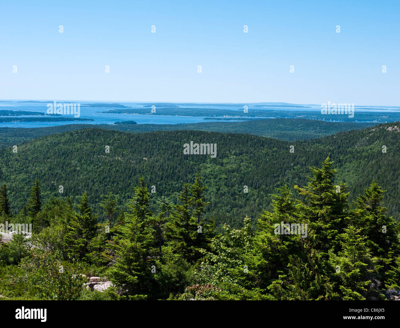Blick nach Süden in Richtung der Cranberry-Inseln aus der South Ridge Trail auf Cadillac Mountain Arcadia Nationalpark ME USA Stockfoto