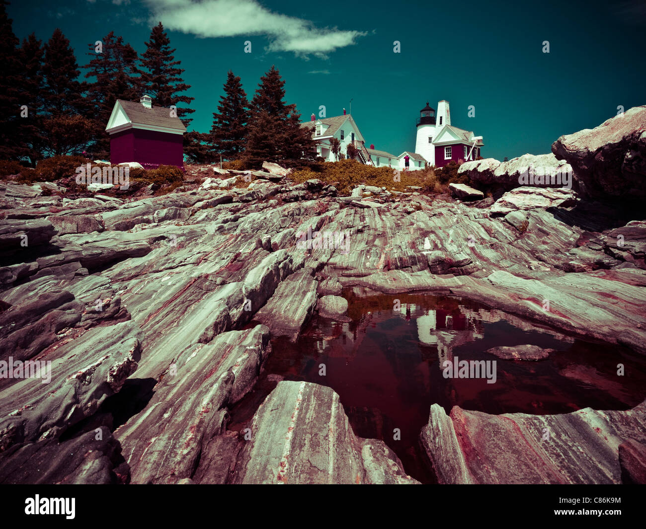 Faux-Infared Bild zeigt ausgesetzt Grundgestein und Leuchtturm am Pemquid Point Maine USA Stockfoto