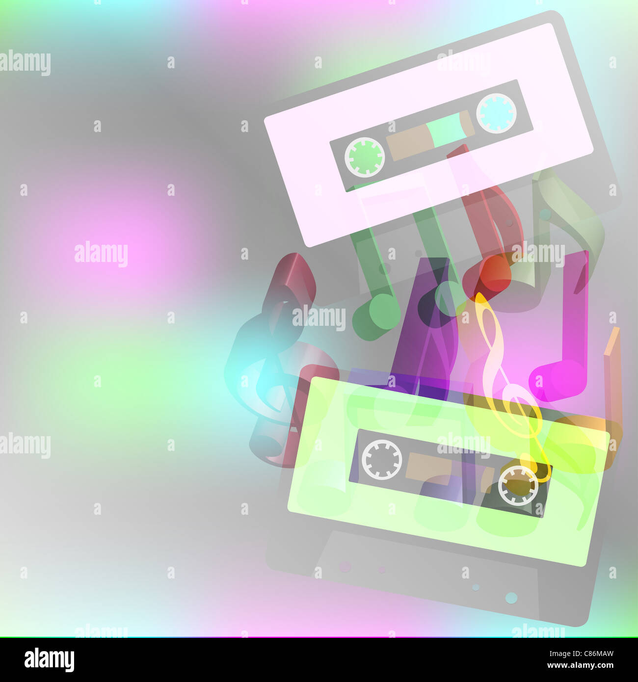 Party Hintergrund - Multicolor Notizen und Retro-Audio-Kassetten Stockfoto