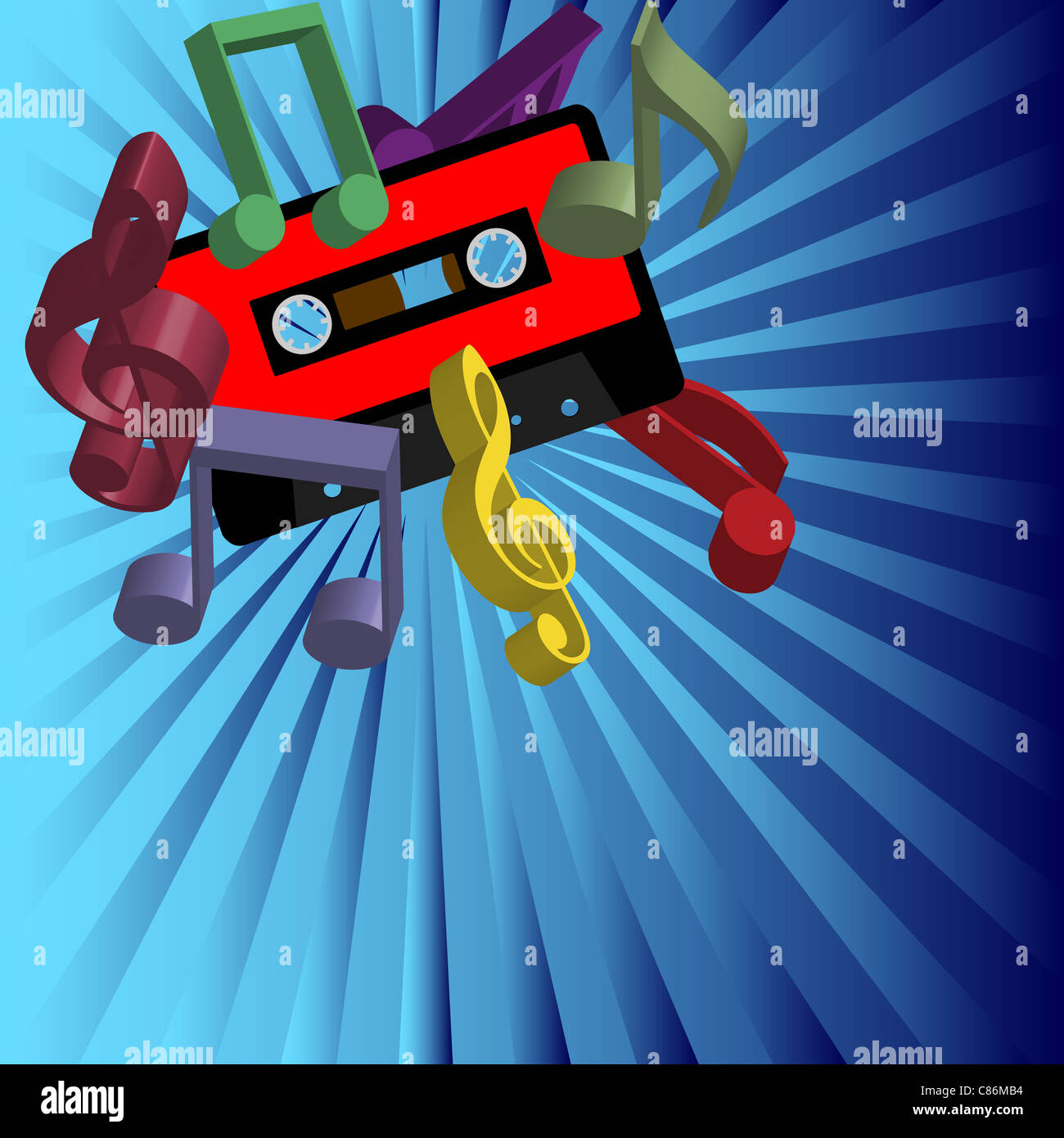 Party Hintergrund - Kassette Klebeband und Multicolor Notizen auf blauem Hintergrund Stockfoto