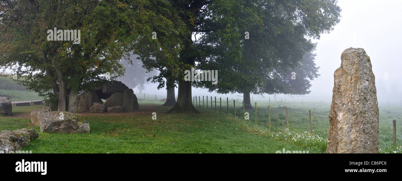 Die megalithischen Grand Dolmen de Wéris und Menhir im Nebel, belgische Ardennen, Luxemburg, Belgien Stockfoto