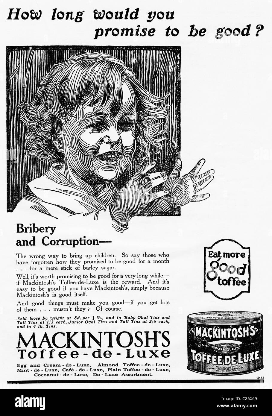 Original 1920er Jahre Magazin Werbung Werbung MACKINTOSHS VERZINNT TOFFEE Stockfoto