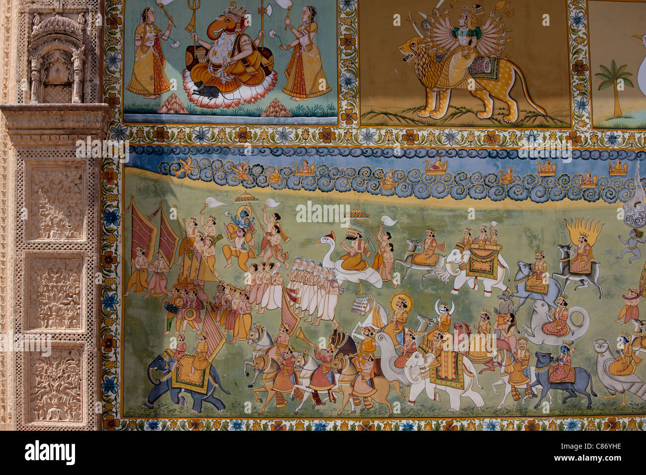 Mehrangarh Fort Hindu Wandbild am Jaypol Tor in Jodhpur in Rajasthan, Nordindien Stockfoto