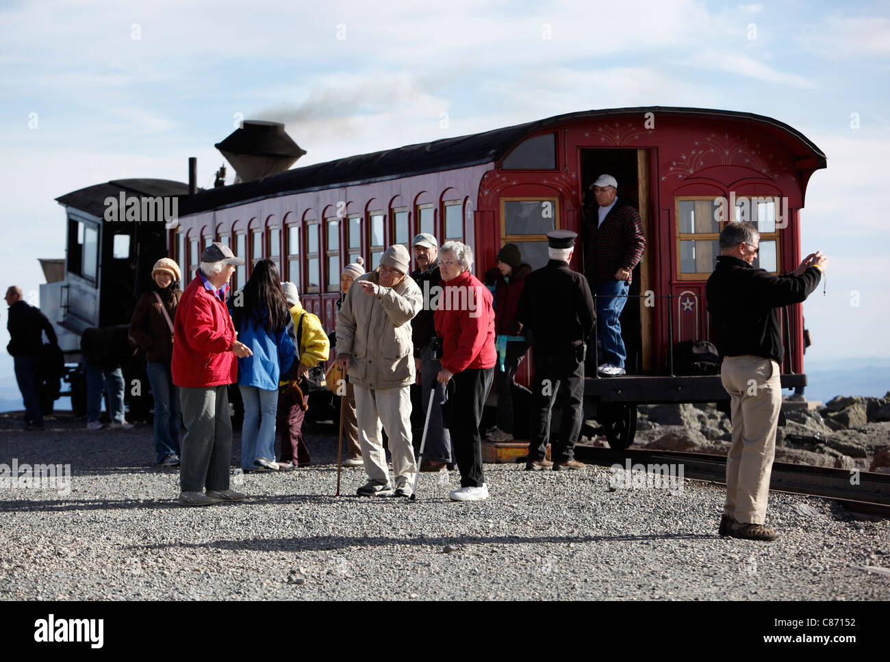 Die Mount Washington Cog Railway auf dem Gipfel in der White Mountain National Forest in New Hampshire Stockfoto