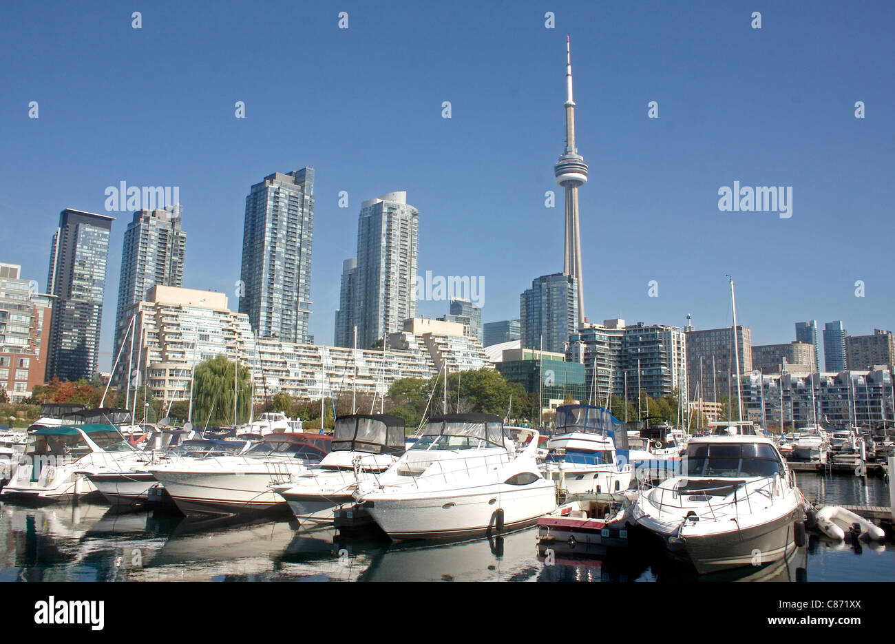 Der CN Tower über der Marina entlang Toronto Harbour Front gesehen Stockfoto