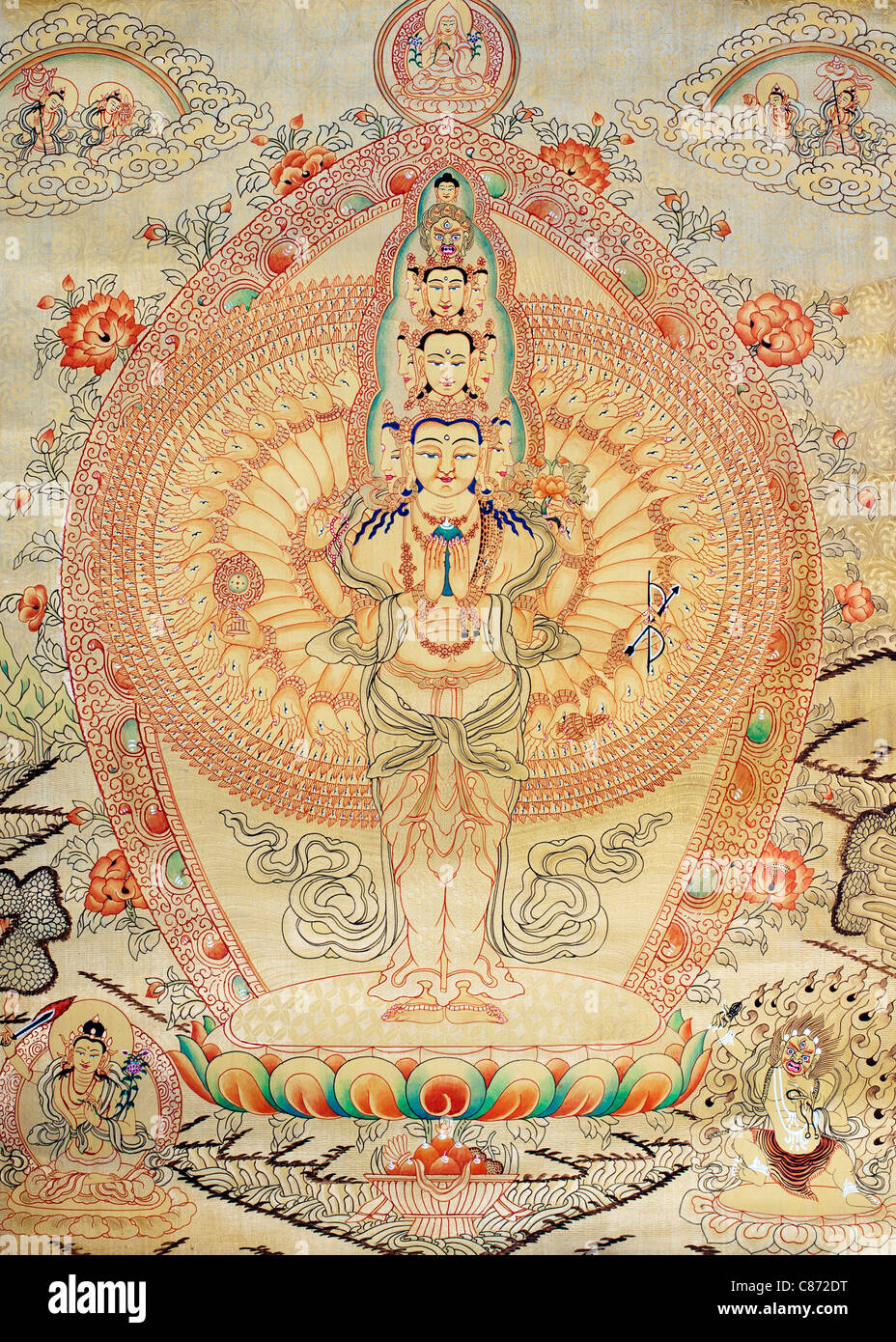 Bunte tibetische buddhistische Thangkas / Tanka Malerei. Avalokiteshvara Stockfoto