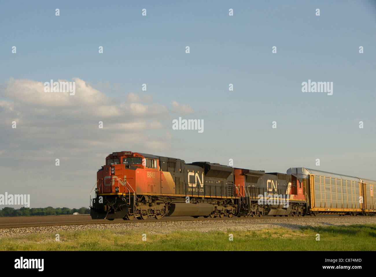 Kanadische nationale Fracht trainieren auf Grasland, in der Nähe von Champaign-Urbana, Illinois, USA, Illinois Central line Stockfoto