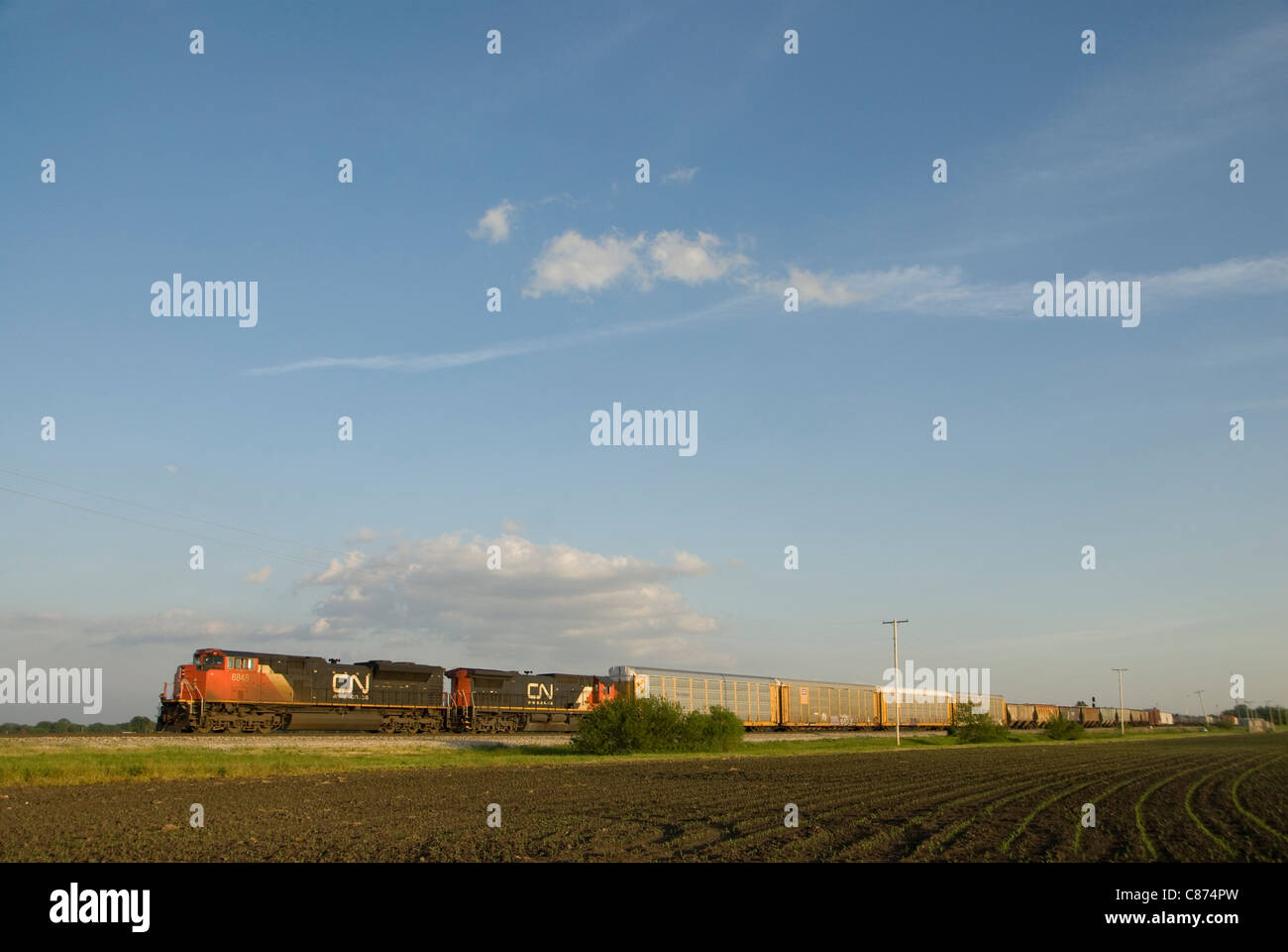 Güterzug auf Grasland, in der Nähe von Champaign-Urbana, Illinois, USA Stockfoto