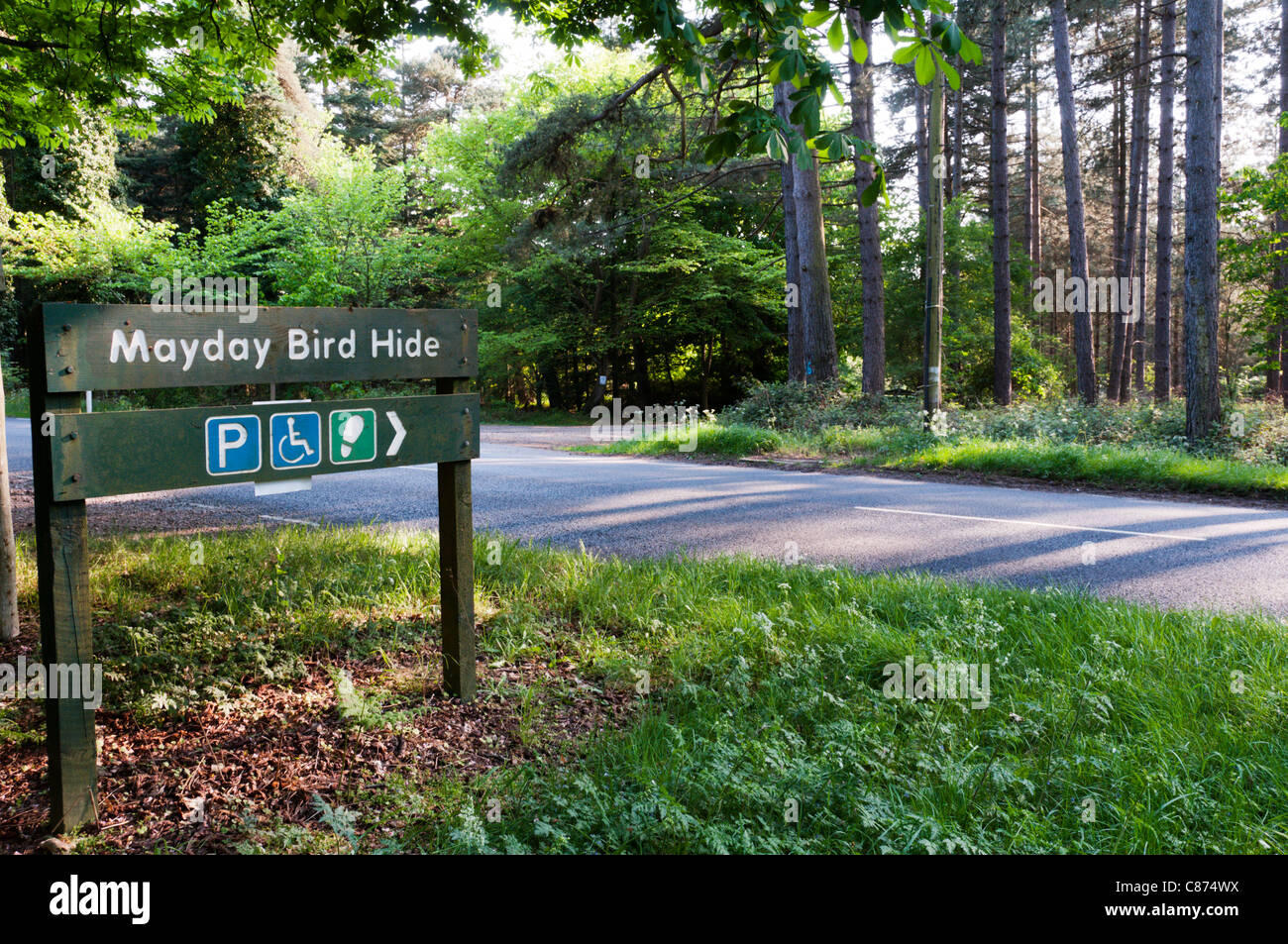 Melden Sie sich für Mayday Bird Hide in Thetford Forest.  Nach links zeigenden Zeichen finden Sie unter C874RC. Stockfoto