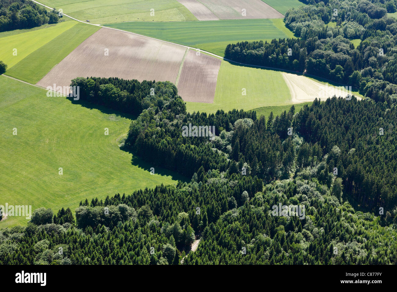Deutschland, Bayern, Oberbayern, Muensing Antenne Blick auf Felder und Wald Stockfoto