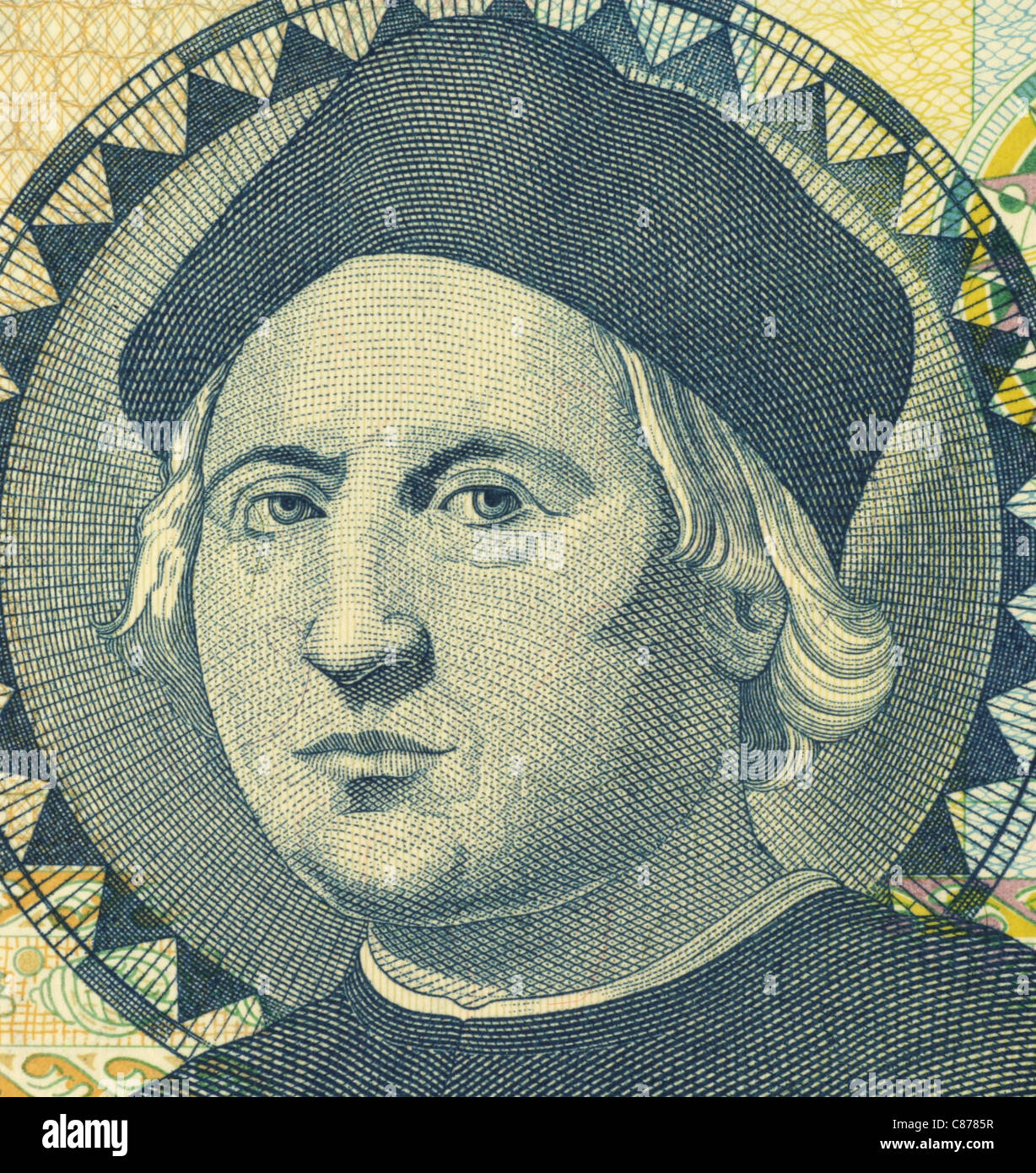 Christopher Columbus (1451-1506) auf 1 Dollar 1992 Banknote von Bahamas. Italienische Entdecker, Kolonisator und Navigator. Stockfoto