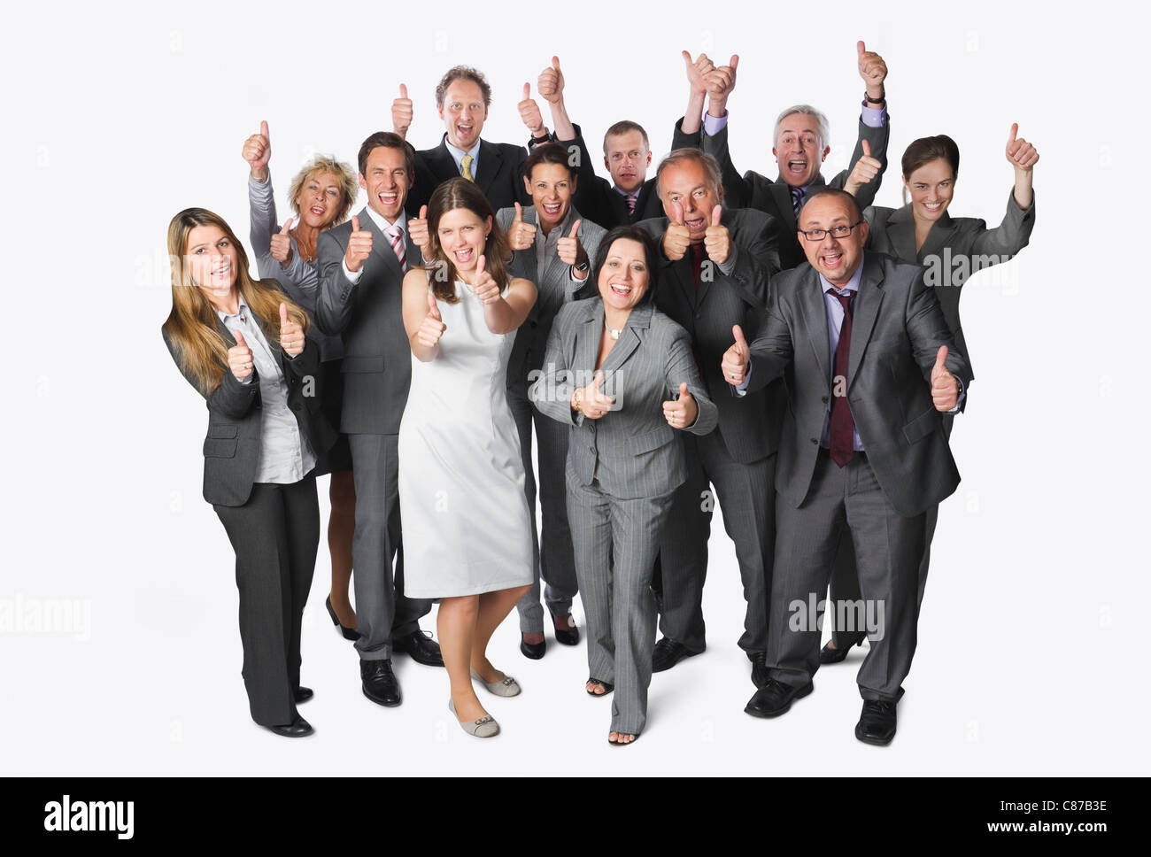Große Gruppe von Geschäftsleuten zeigt Daumen gegen den weißen Hintergrund Stockfoto