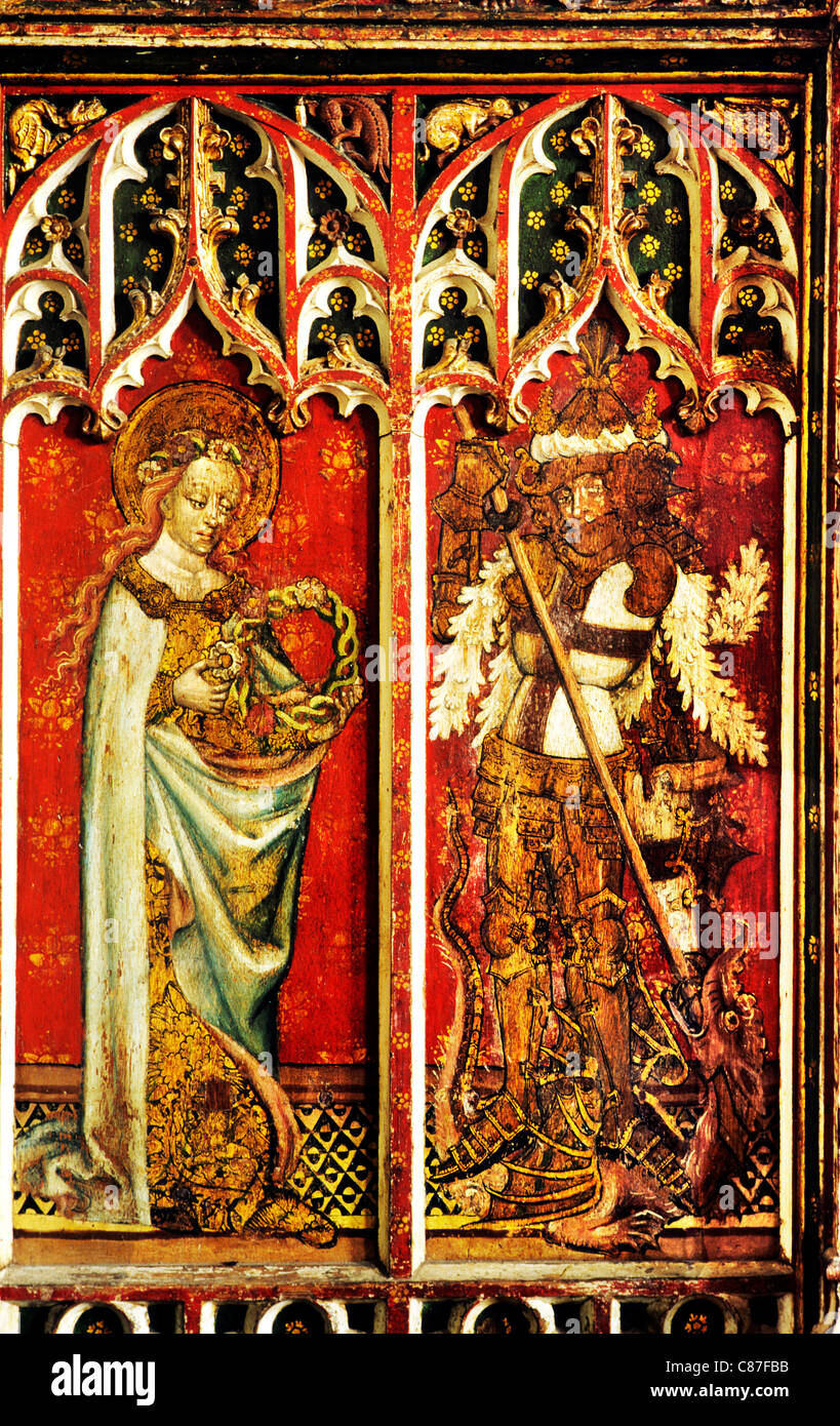 Filby, Norfolk, Lettner St. Cecilia und George, Bildschirme Englisch mittelalterliche Malerei Gemälde gemalt Panel Panels England UK Stockfoto