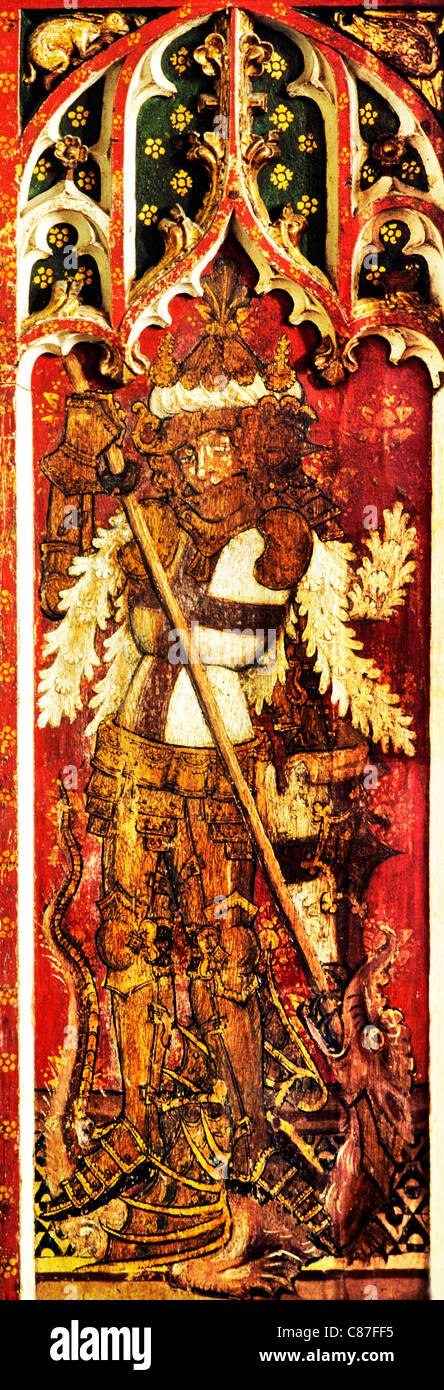 Filby, Norfolk, Lettner, St. Georg tötet das Dragon englische mittelalterliche Bildschirme Malerei Gemälde gemalt Panel panels Stockfoto