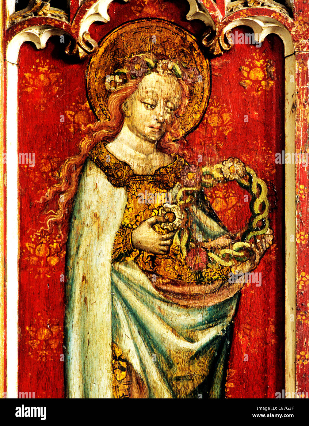 Filby, Norfolk, Lettner, St. Cecilia, weiblichen Heiligen Heiligen englischen mittelalterlichen Detailbilder Malerei Gemälde gemalt panel Stockfoto