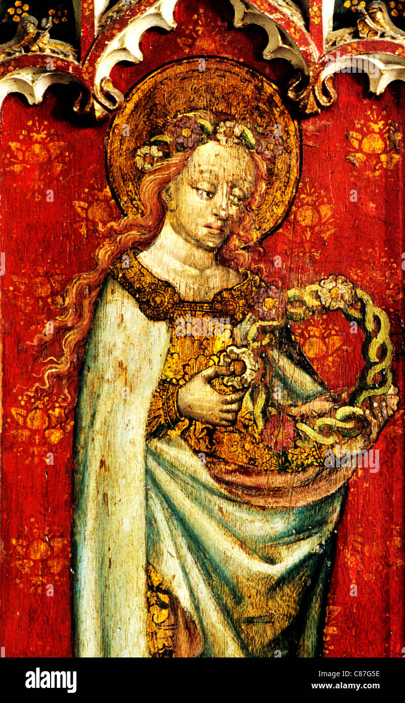 Filby, Norfolk, Lettner, St. Cecilia, weiblichen Heiligen Heiligen englischen mittelalterlichen Detailbilder Malerei Gemälde gemalt panel Stockfoto