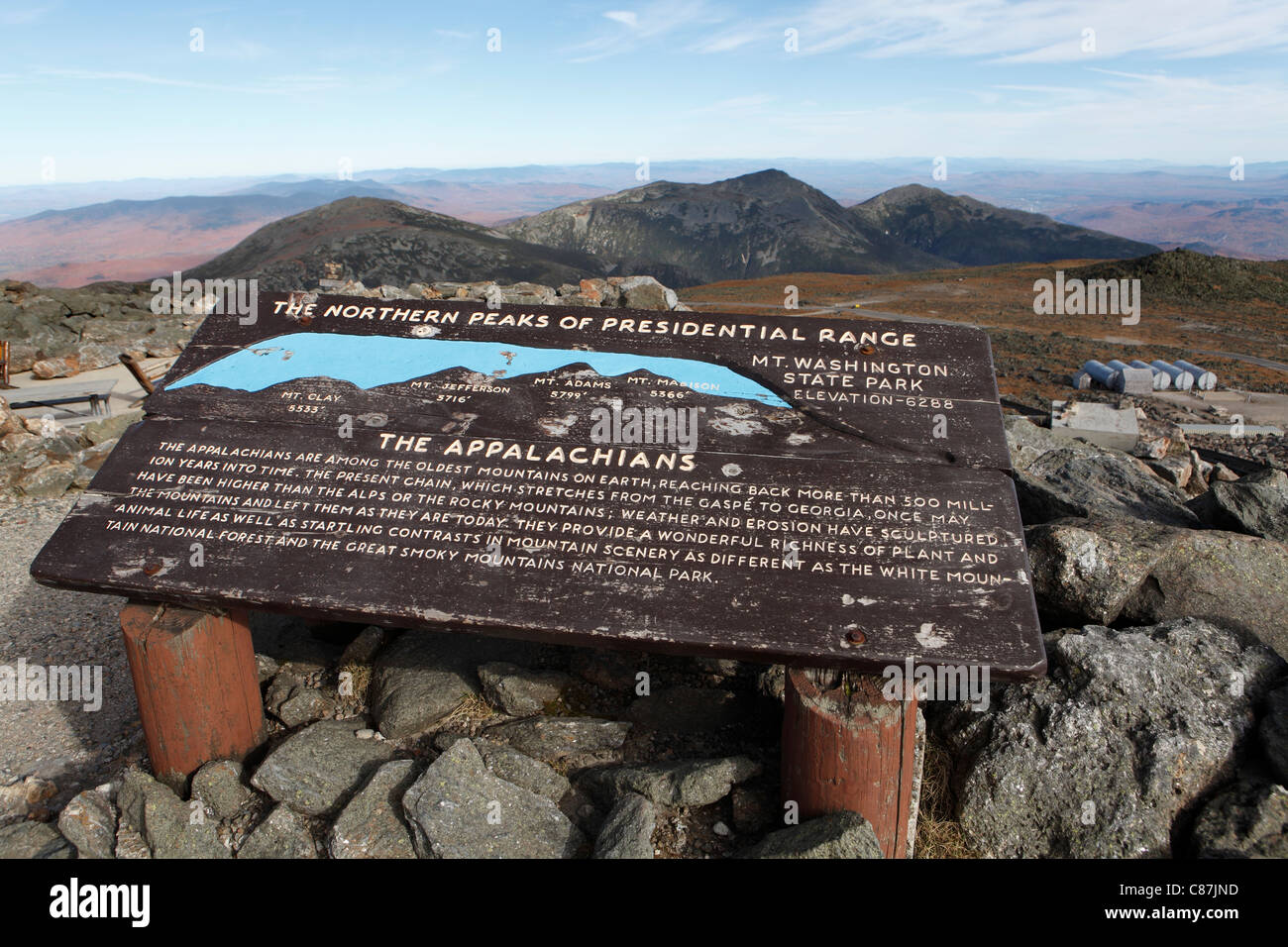 Ein Schild auf dem Gipfel des Mt. Washington, White Mountain National Forest (New Hampshire) Stockfoto