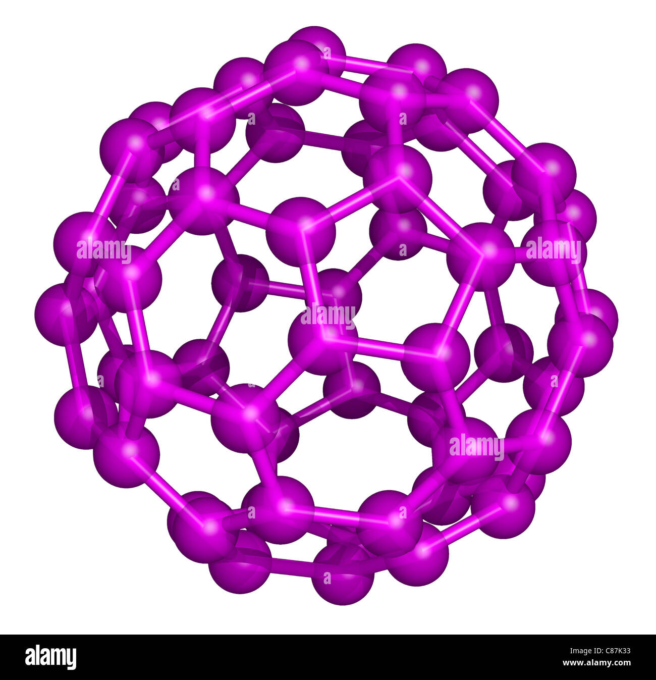 C60 ist ein Molekül, das besteht aus 60 Kohlenstoffatomen, als 12 Fünfecken und 20 Sechsecken angeordnet. Stockfoto