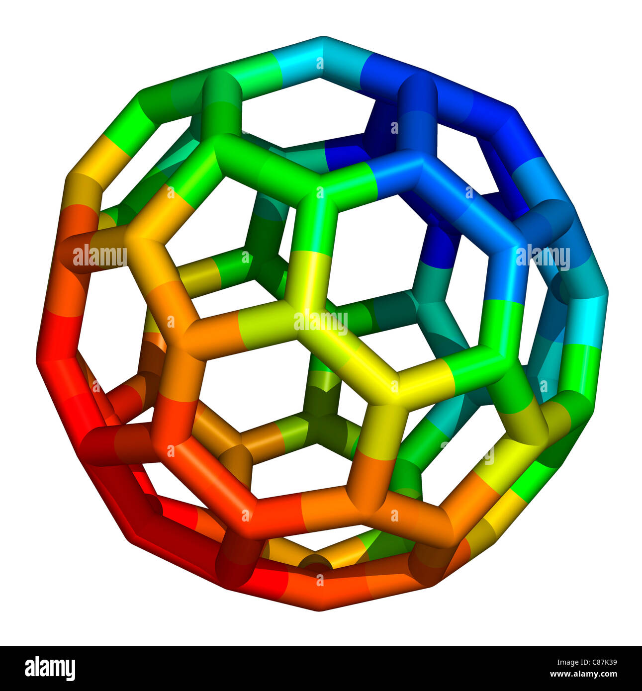 C60 ist ein Molekül, das besteht aus 60 Kohlenstoffatomen, als 12 Fünfecken und 20 Sechsecken angeordnet. Stockfoto