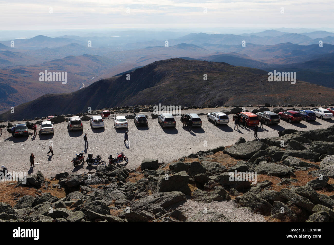 Der Parkplatz auf dem Gipfel des Mt. Washington in der White Mountain National Forest in New Hampshire Stockfoto