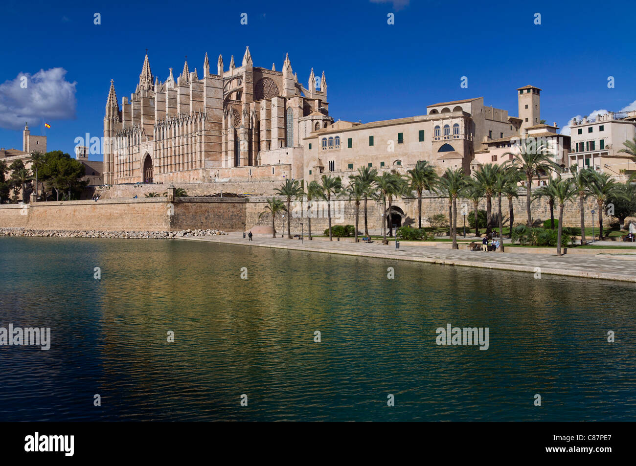 Kathedrale La Seu in Palma und Parc De La Mar Altstadt angesehen über Meereseinschnitt Mallorca Balearen Spanien Stockfoto