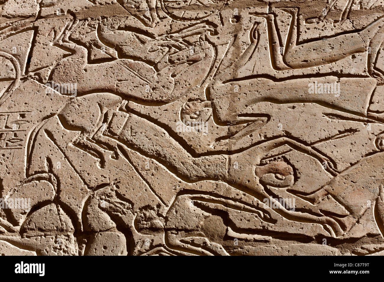 Relief Arbeiten zeigen Feldzüge von Ramses II in das Ramesseum, Luxor, Ägypten Stockfoto