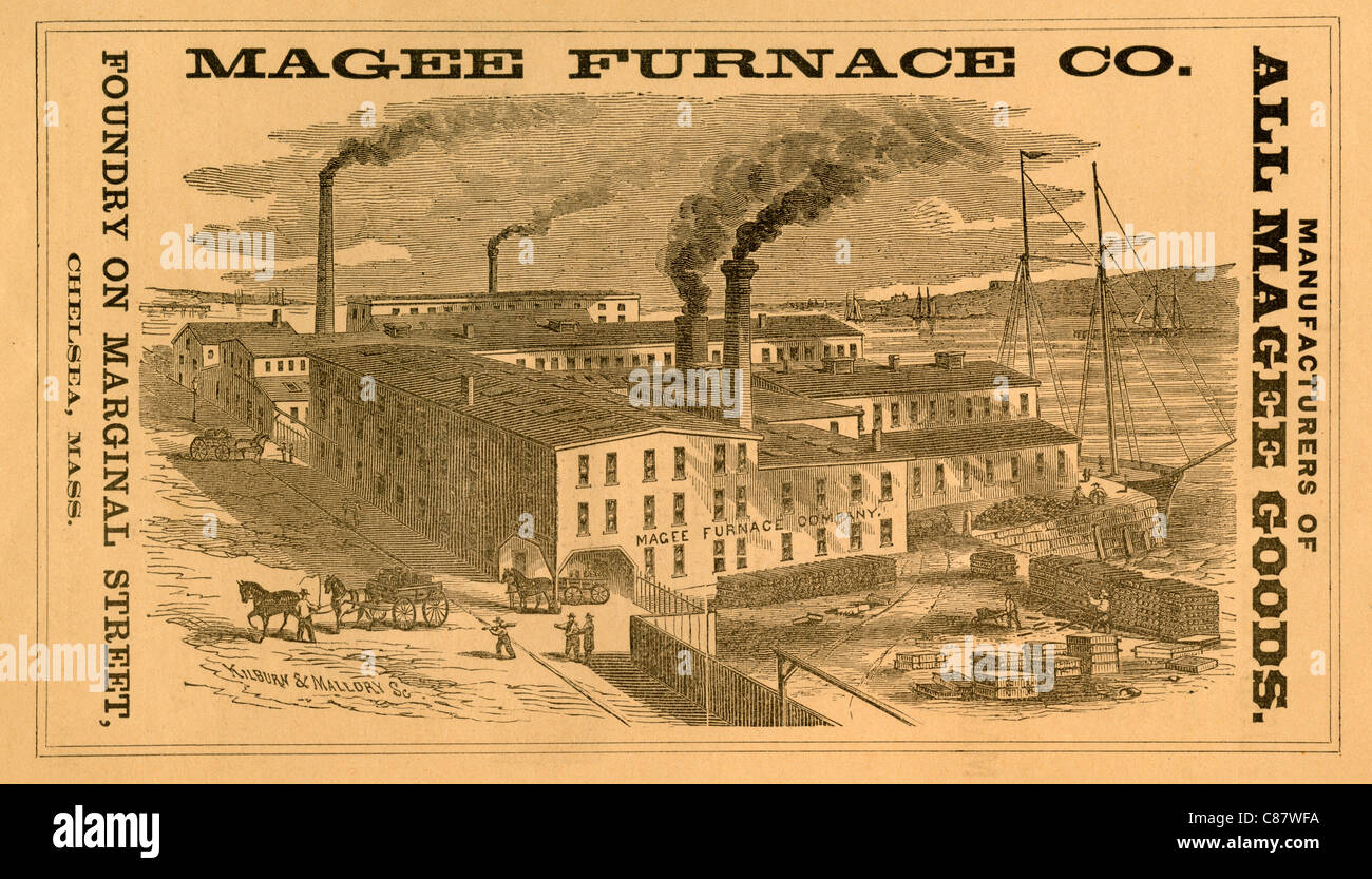 1870-Werbung zeigt die Fabrik von Magee Ofen Co. in Chelsea, Massachusetts, USA. Aus einer alten Stadt Verzeichnis. Stockfoto