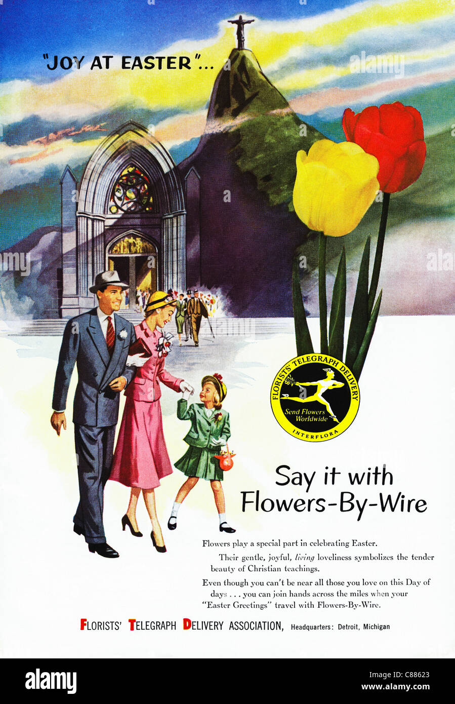 Amerikanischen Magazin Werbung ca. 1954 Werbung INTERFLORA Blumen zu Ostern Stockfoto