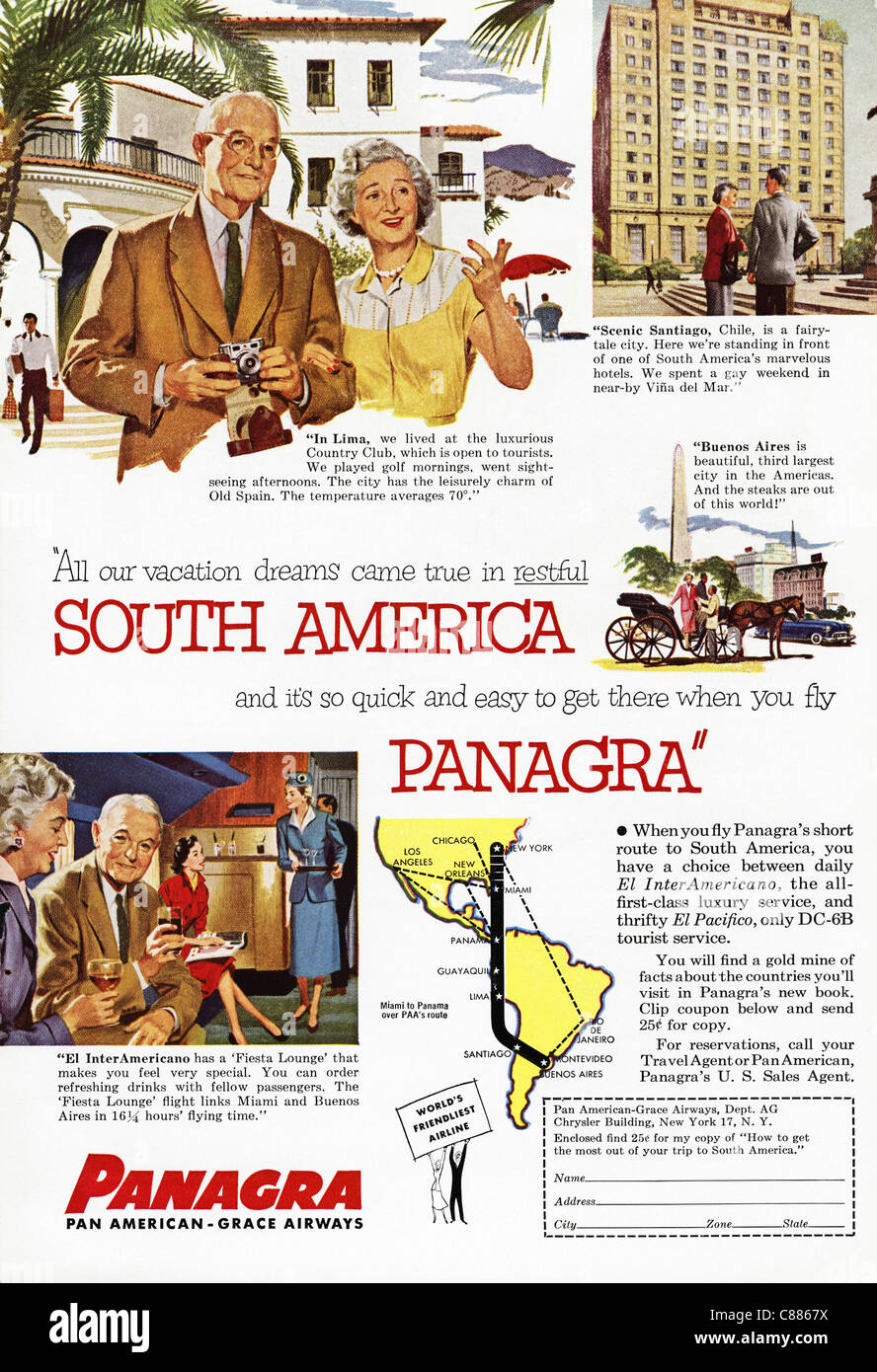Amerikanischen Magazin Werbung ca. 1954 Werbung PANAGRA AIRLINE Stockfoto