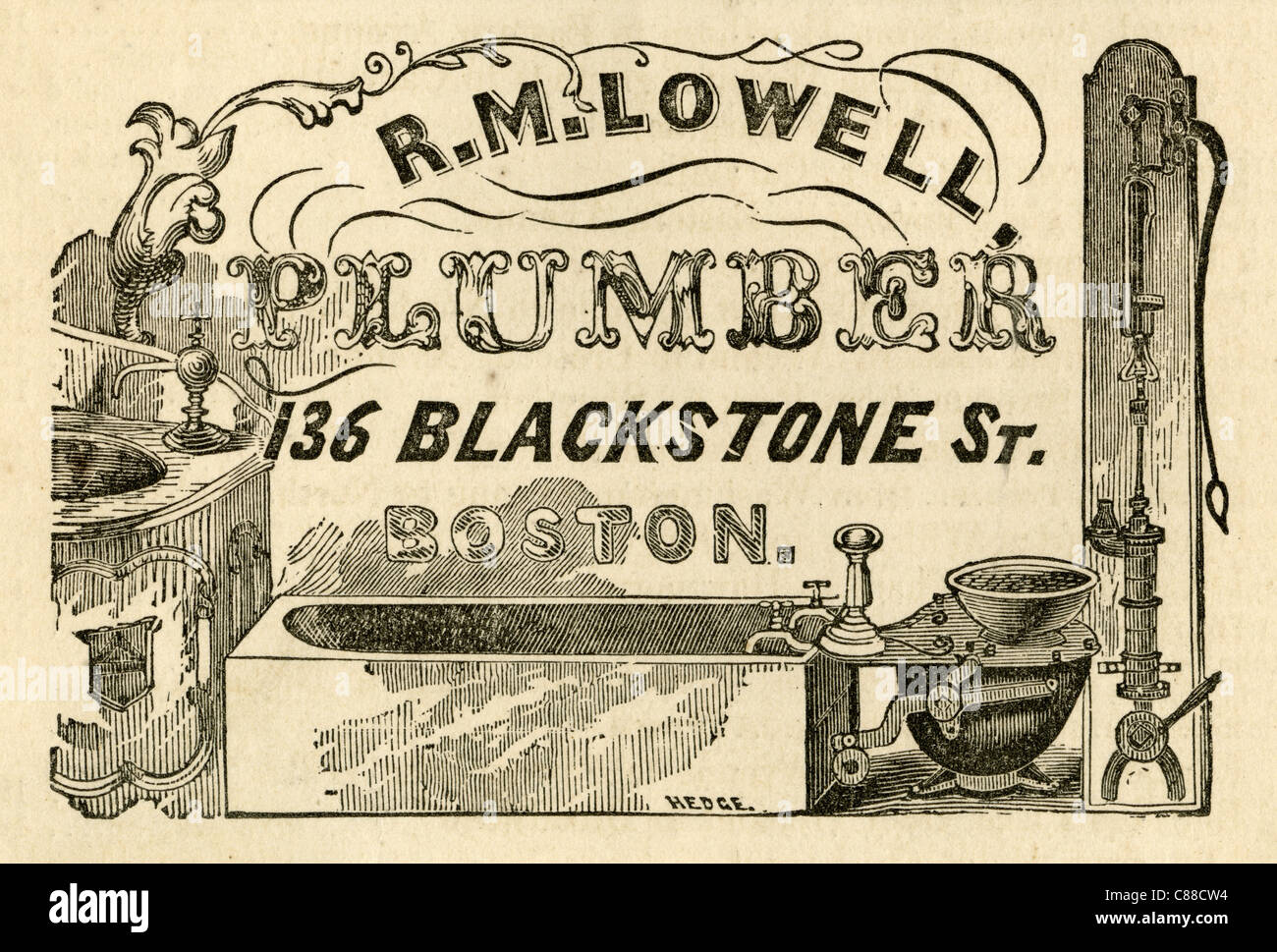 1870 Kleinanzeigen Inserate aus einem Chelsea, MA-Stadt-Verzeichnis. R.m. Lowell Klempner 136 Blackstone St. Boston, Massachusetts. Stockfoto