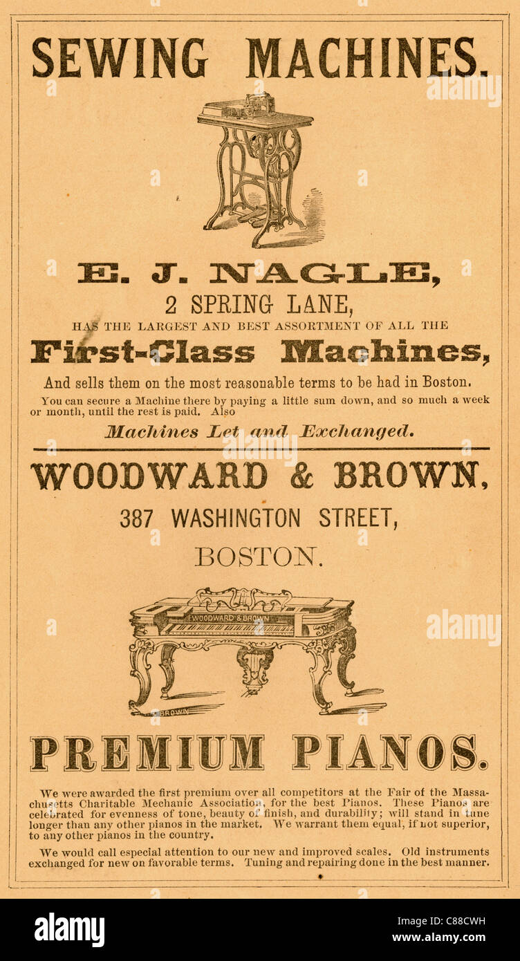 E.j. Nagle Nähmaschinen. Woodward & braun Premium Pianos. Boston, Massachusetts. Stockfoto