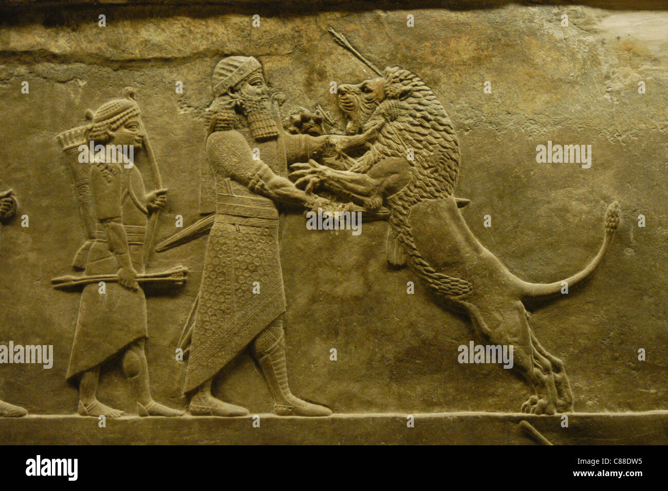 Assyrische Reliefs des königlichen Löwen jagen des Königs Ashurbanipal gesehen im British Museum in London, England, UK. Stockfoto