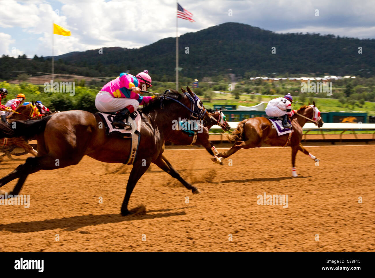 Quarter Horse racing, alle amerikanischen Futurity, Ruidoso Downs, Labor Day, Ruidoso Downs, NM Stockfoto