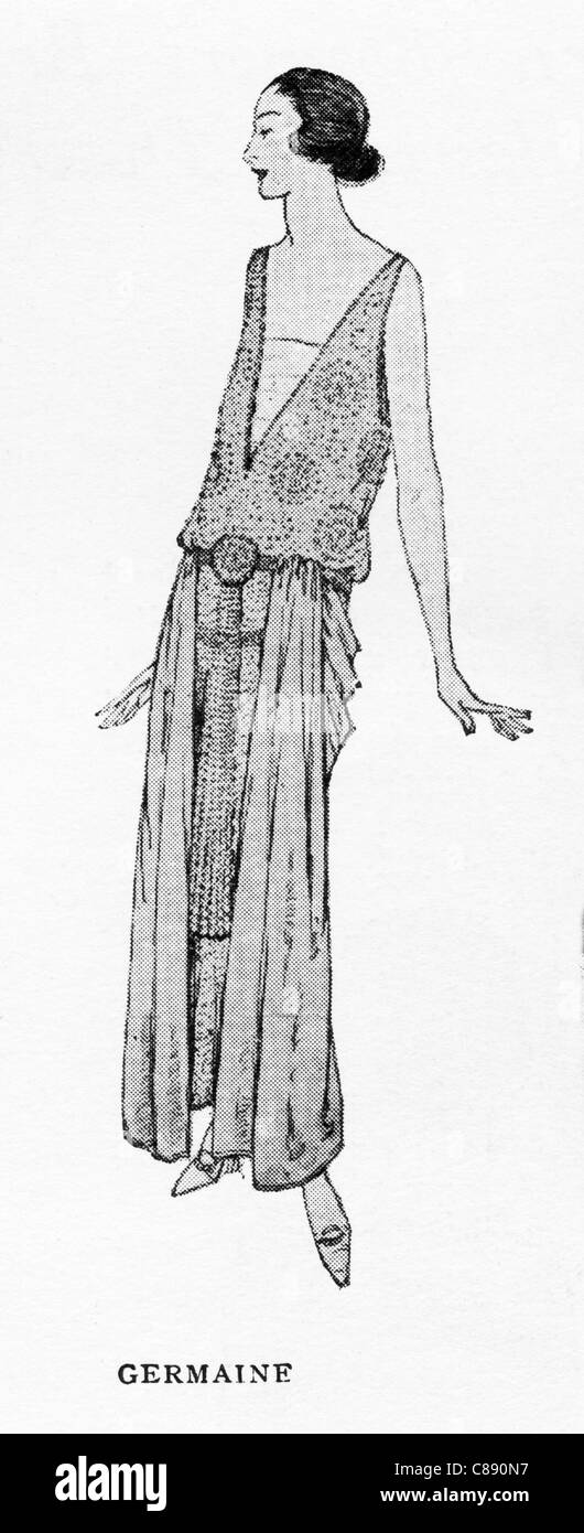 Mode-Illustration, ca. 1922. Kleid in weiß Georgette bestickt mit Perlen und weiße chiffon samt von Designerin Germaine Stockfoto
