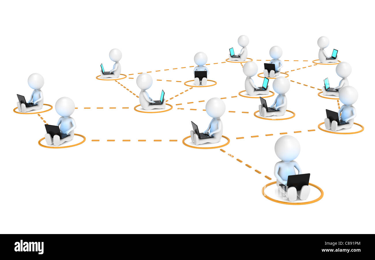 3D kleine menschliche Charaktere X14 in einem Netzwerk. Blau und erhellende Bildschirme. Orange Markierungen Stockfoto