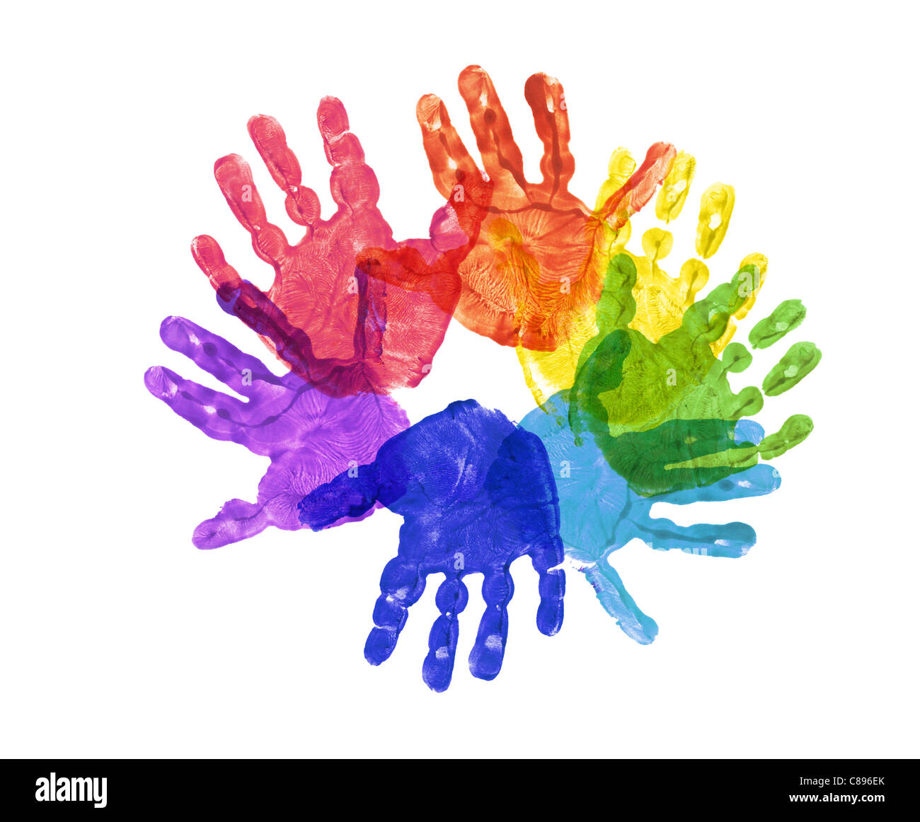 eine Blume gemacht aus der Kinder Hand druckt in Regenbogenfarben Stockfoto