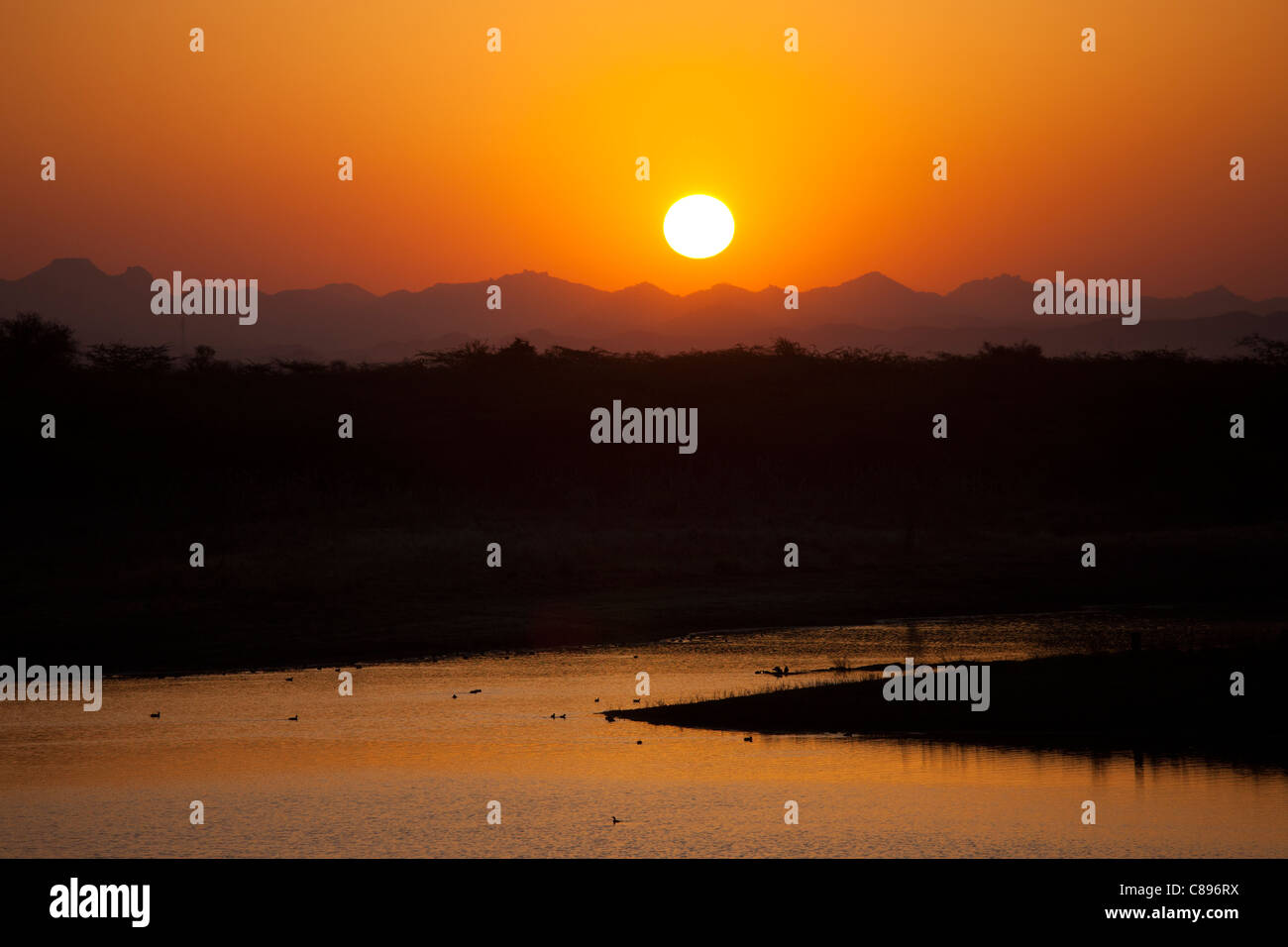 Sonnenaufgang über Aravalli Gebirges im Chattra Sagar Reservoir und Bird Reserve an Nimaj, Rajasthan, Nordindien Stockfoto