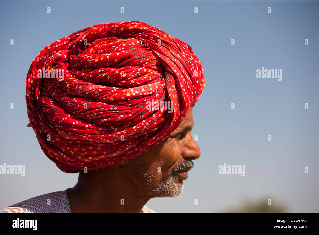Rajasthani Bauer mit traditionellen Rajasthani Turban am Nimaj, Rajasthan, Nordindien Stockfoto