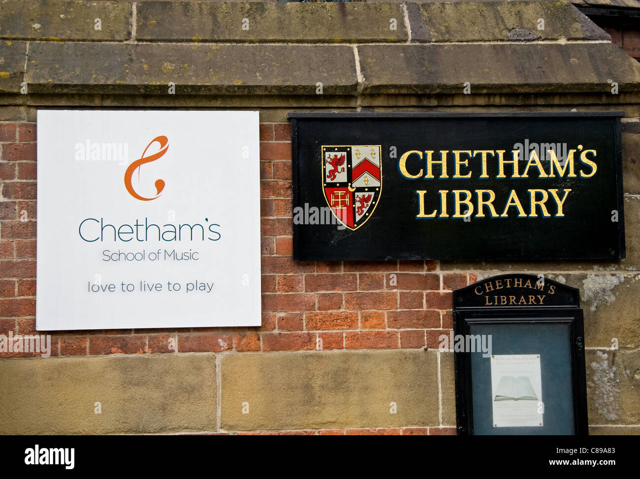 Chetham es Bibliothek + School of Music, lange Millgate, Stadtzentrum, Manchester, UK Stockfoto