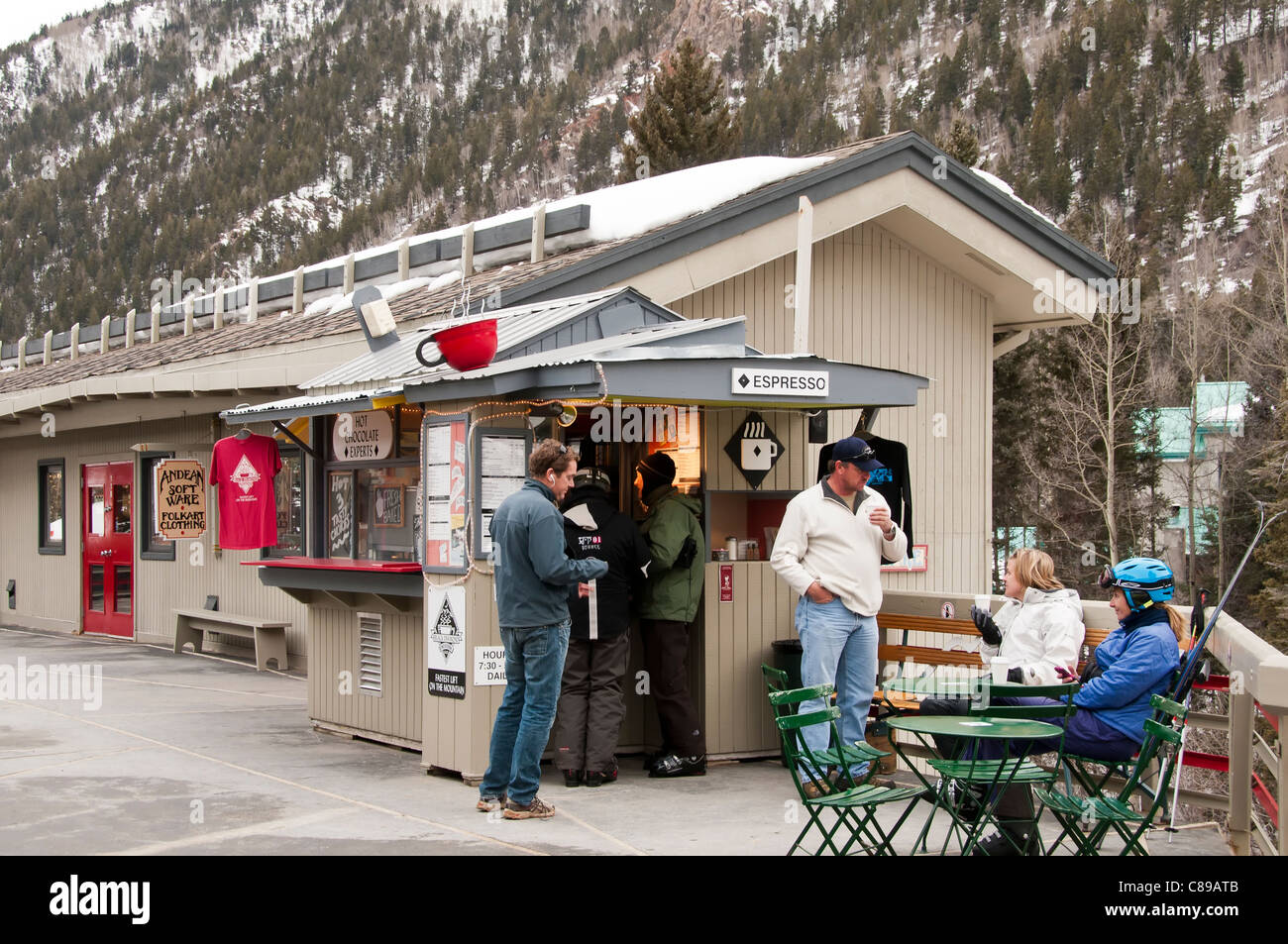 Espresso Stand, Taos Ski Valley Ski Area, Taos Ski Valley, New Mexico. Stockfoto