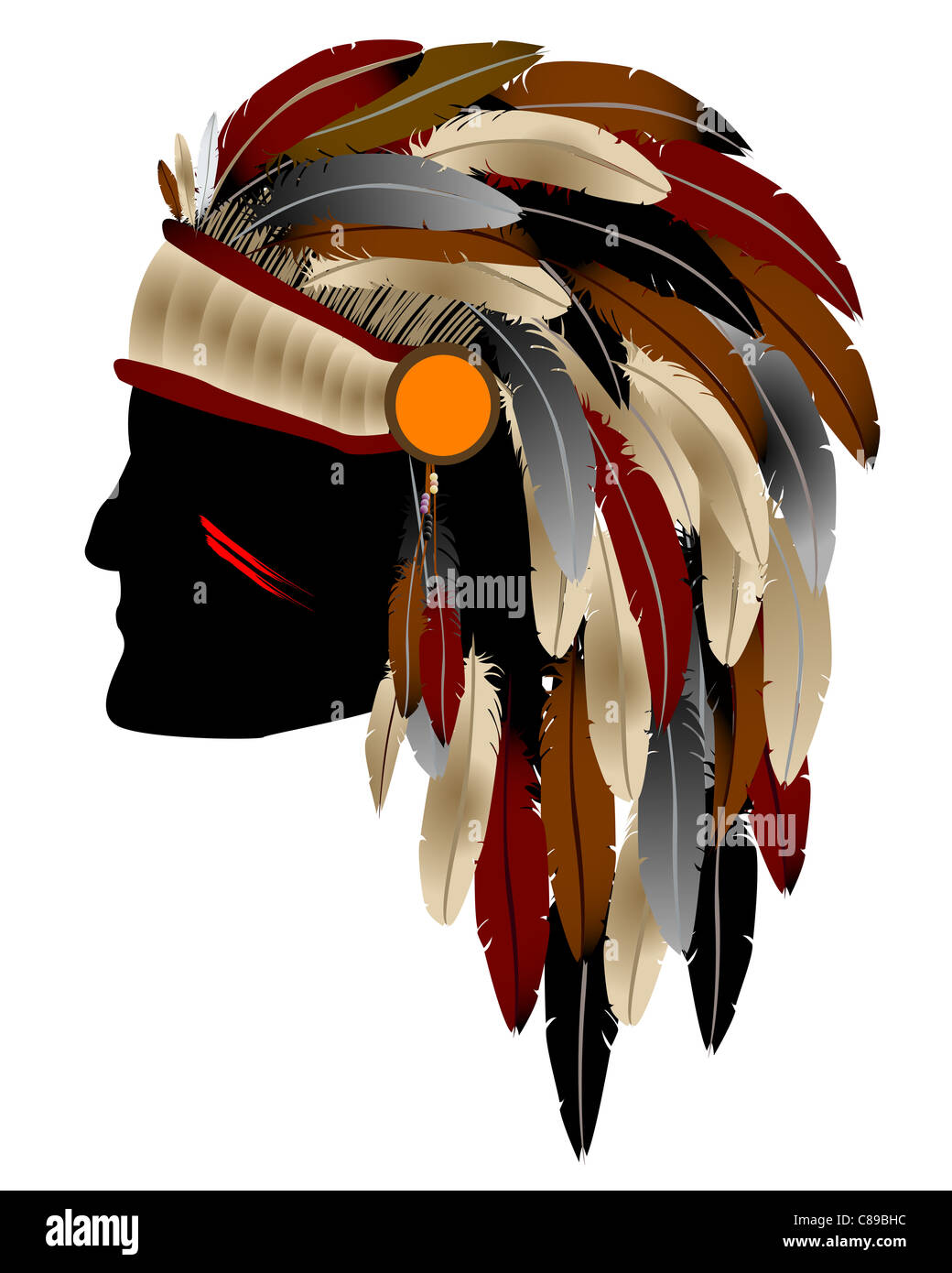 Native American Indian Chief mit Federn, isolierte Objekt auf weißem Hintergrund Stockfoto