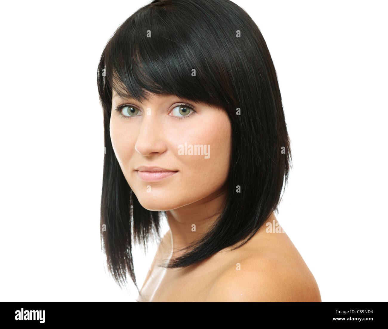 Schöne Brünette Frau isoliert auf weißem Hintergrund Stockfoto